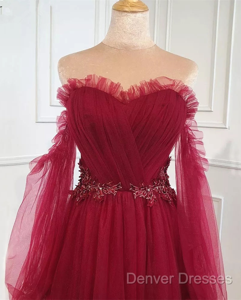 Wine Red Sweetheart Beaded Off Shoulder Party Dress, Wine Red Bridesmaid Dress