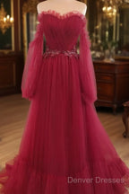 Wine Red Sweetheart Beaded Off Shoulder Party Dress, Wine Red Bridesmaid Dress