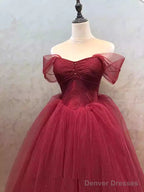 Wine Red Sweetheart Beaded Off Shoulder Party Dress, Wine Red Tulle Formal Dress