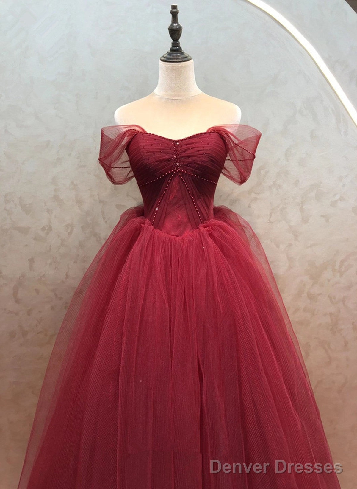 Wine Red Sweetheart Beaded Off Shoulder Party Dress, Wine Red Tulle Formal Dress Main image