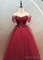 Wine Red Sweetheart Beaded Off Shoulder Party Dress, Wine Red Tulle Formal Dress