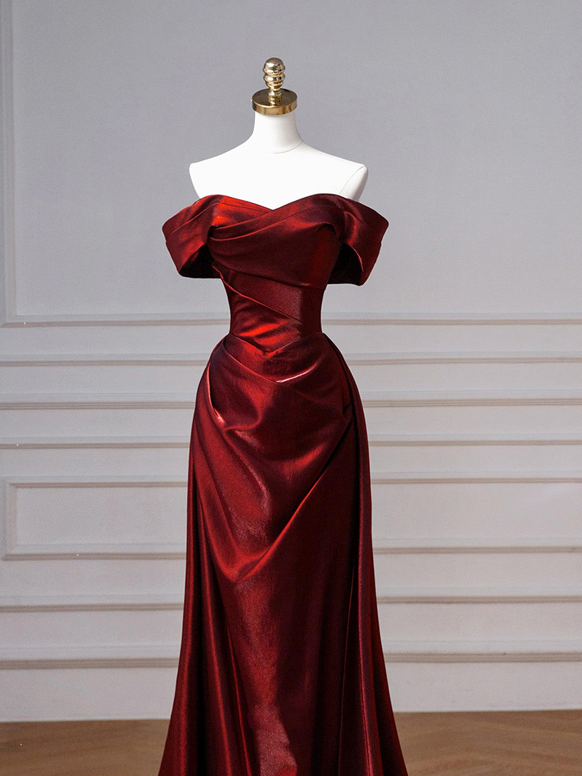 Wine Red Sweetheart Floor Length Party Dress, Off Shoulder Wine Red Satin Prom Dress Secondary image