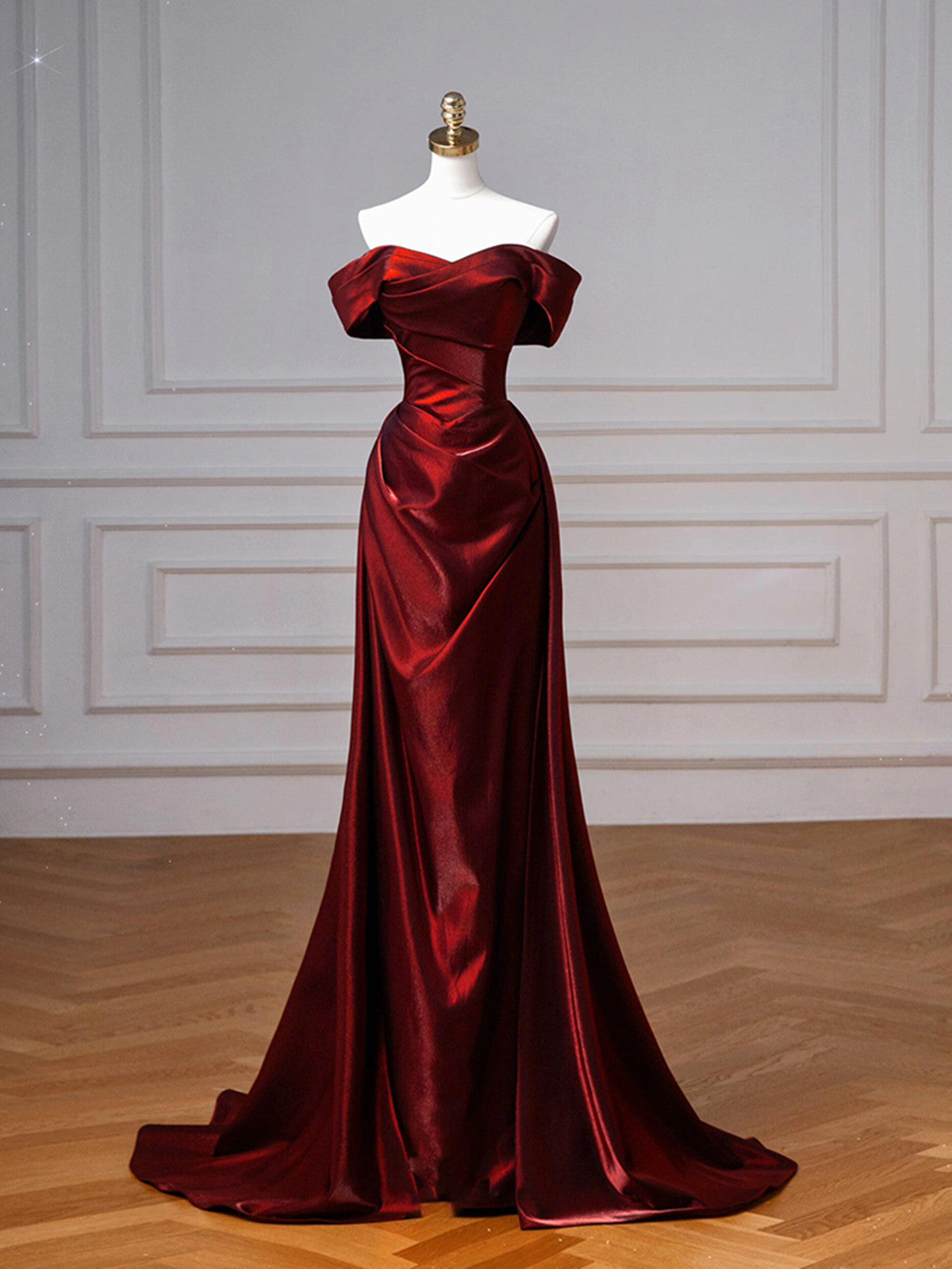 Wine Red Sweetheart Floor Length Party Dress, Off Shoulder Wine Red Satin Prom Dress Main image