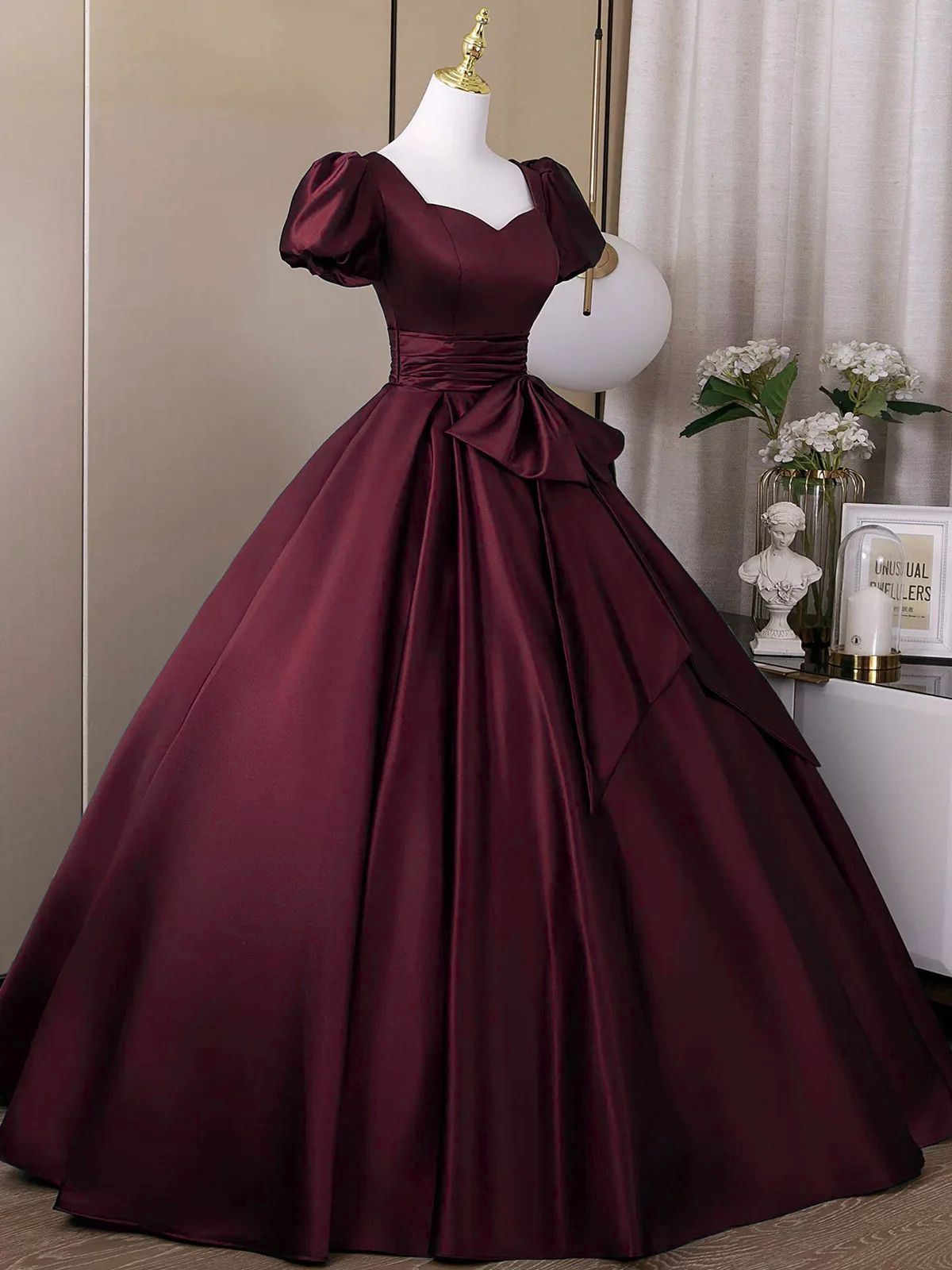 Wine Red Sweetheart Satin Long Formal Dress, Short Sleeves Wine Red Prom Dress Secondary image