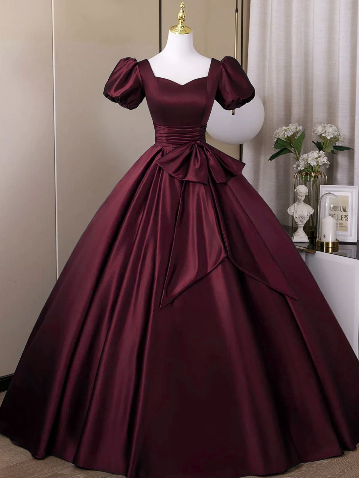 Wine Red Sweetheart Satin Long Formal Dress, Short Sleeves Wine Red Prom Dress Main image