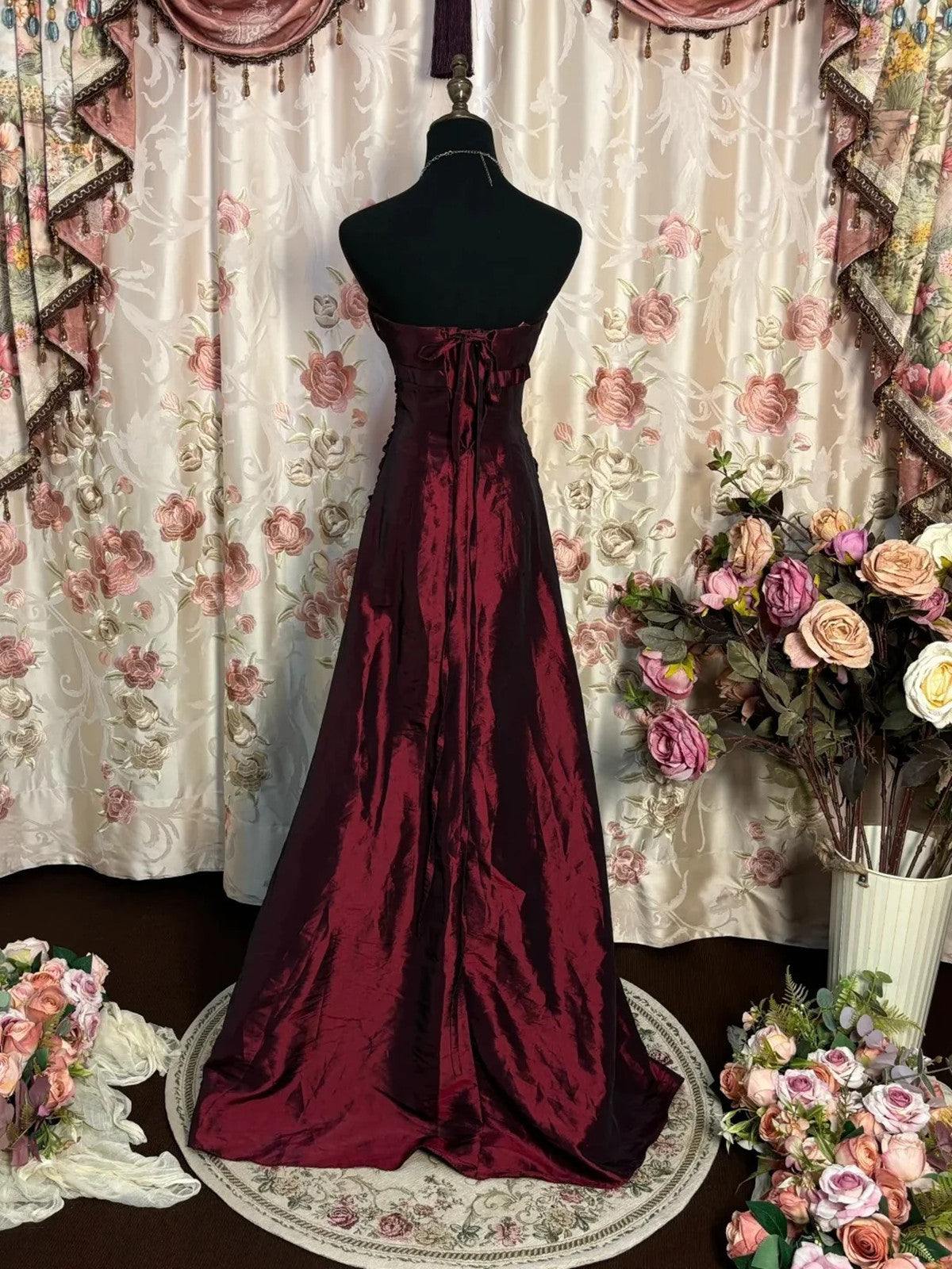 Wine Red Taffeta Scoop Long Formal Dress, Wine Red Taffeta A-Line Prom Dress Evening Dress Secondary image