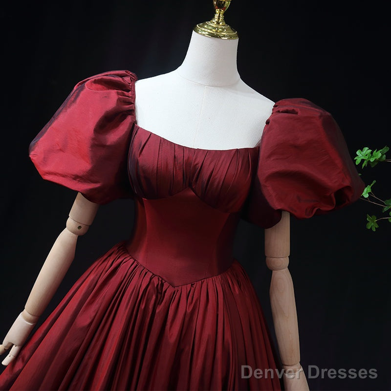 Wine Red Taffeta Short Sleeves Long Prom Dress, Wine Red Evening Dress Formal Dress Secondary image
