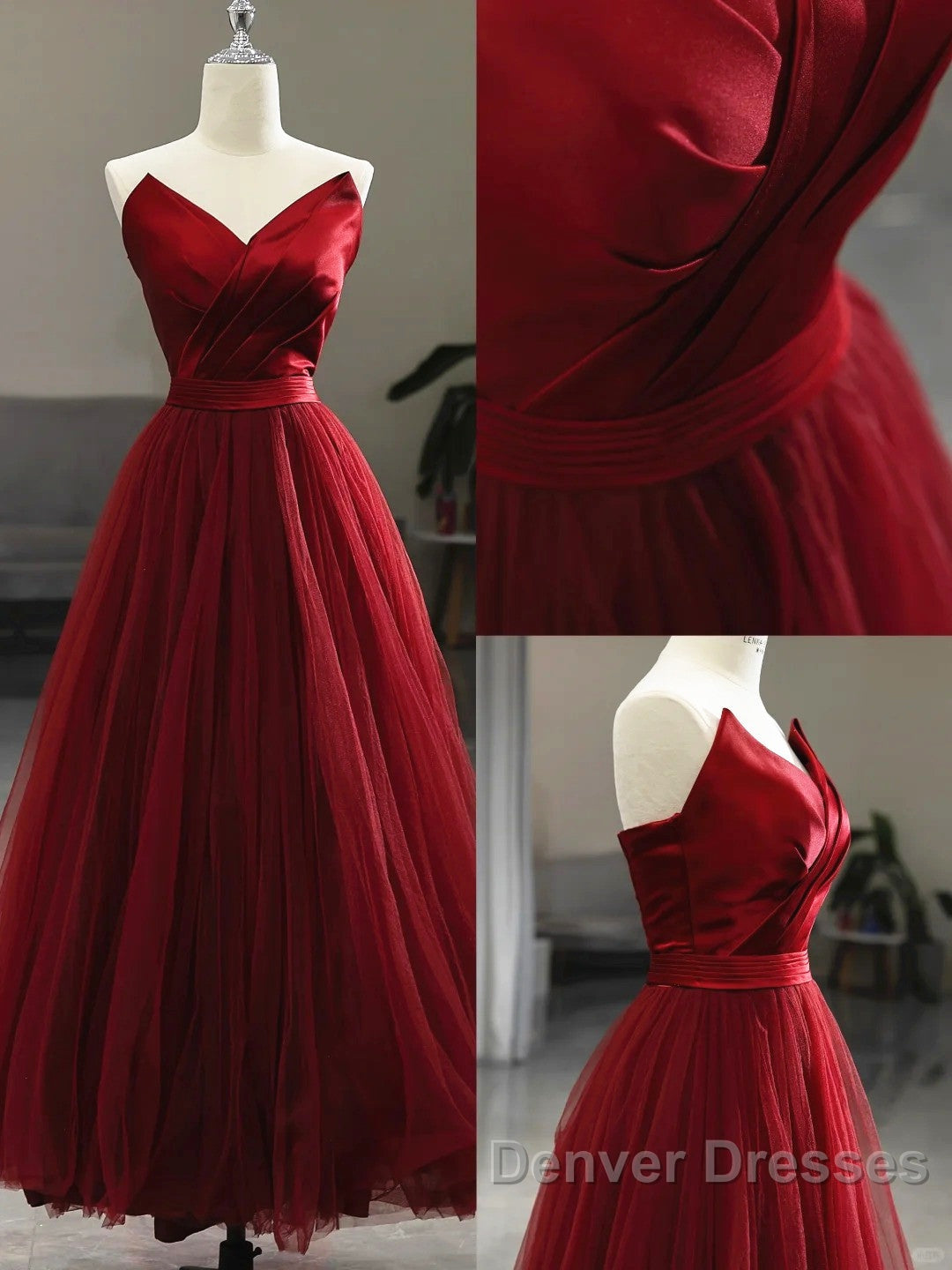 Wine Red Tea Length Tulle V-Neckline Prom Dress, Wine Red Tulle Party Dress Secondary image