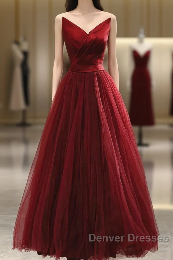 Wine Red Tea Length Tulle V-Neckline Prom Dress, Wine Red Tulle Party Dress Main image