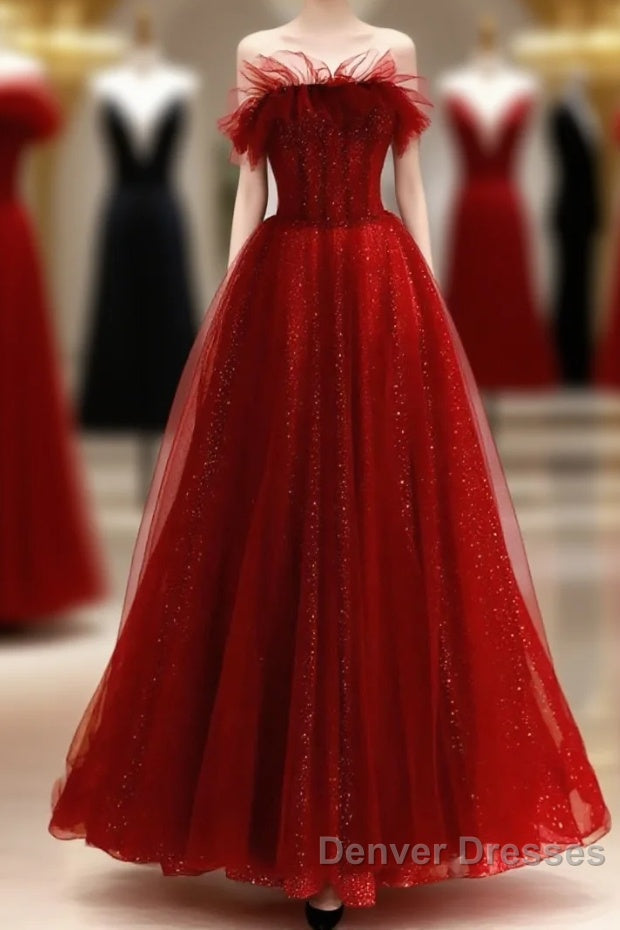 Wine Red Tull A-Line Scoop Long Prom Dress, Wine Red Tulle Evening Dress Main image