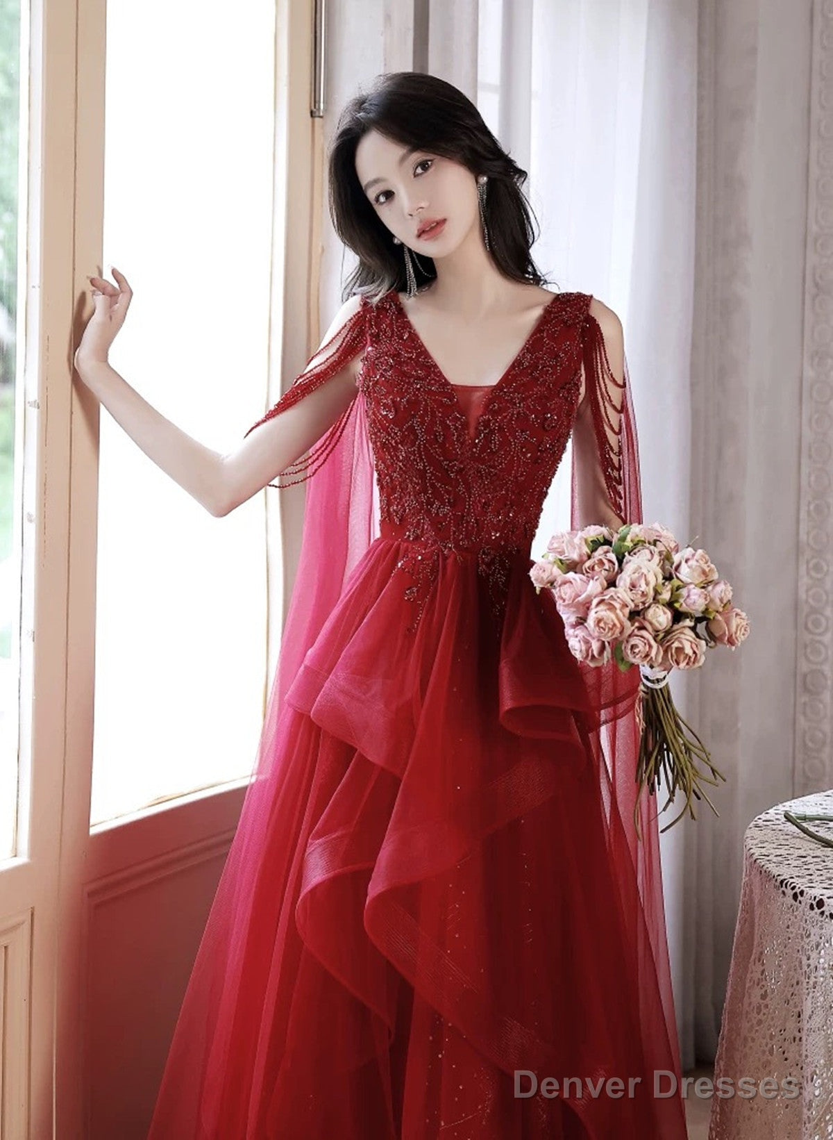 Wine Red Tulle and Beaded Long Formal Dress, Wine Red Floor Length Prom Dress Secondary image