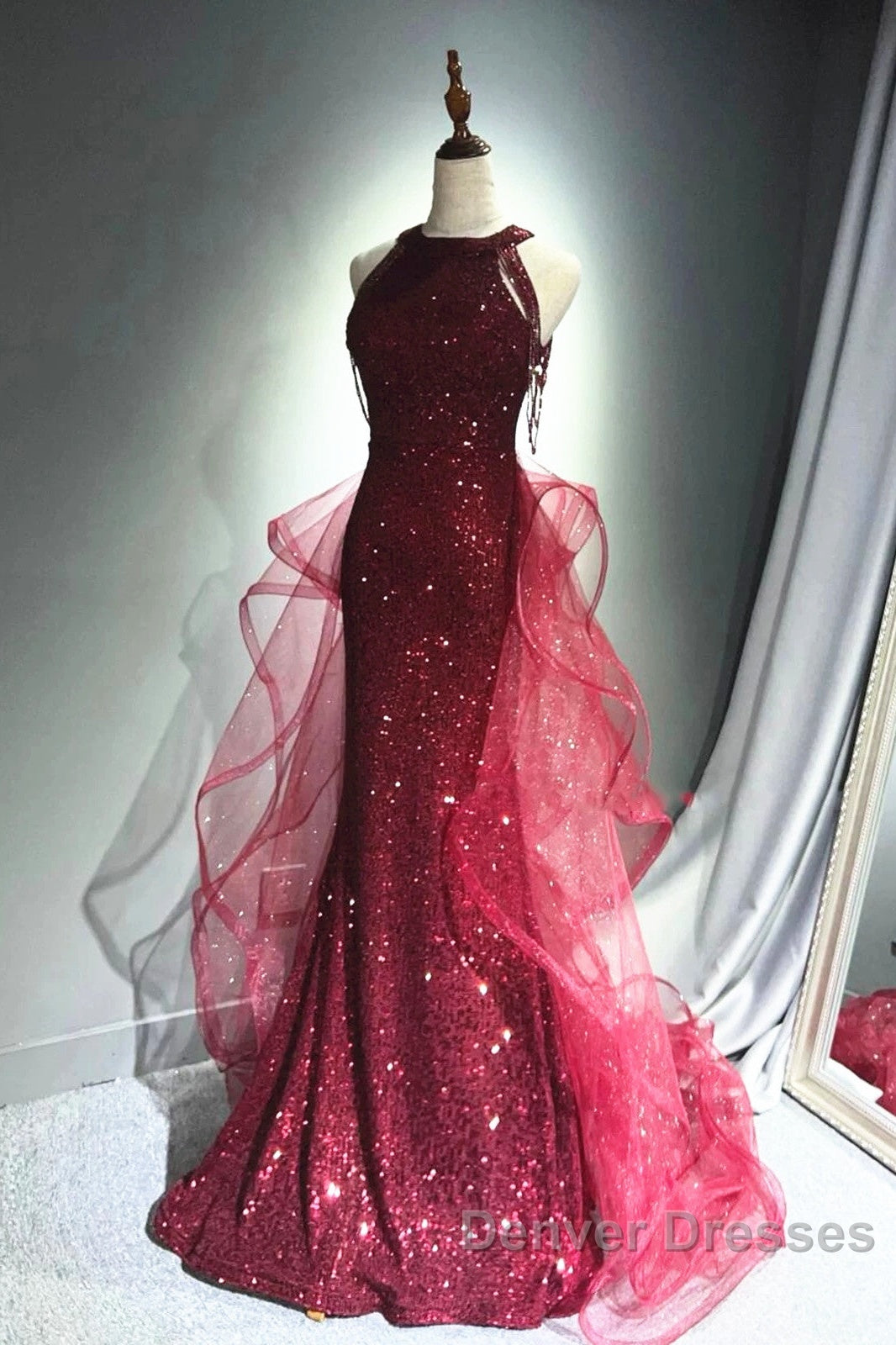 Wine Red Tulle And Sequins Halter Long Party Dress, Wine Red New Style Prom Dress