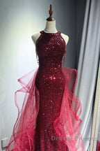 Wine Red Tulle And Sequins Halter Long Party Dress, Wine Red New Style Prom Dress