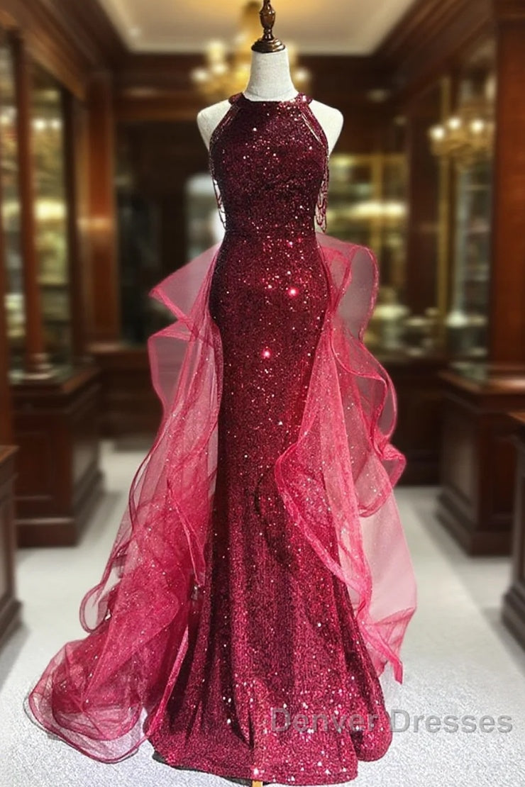 Wine Red Tulle And Sequins Halter Long Party Dress, Wine Red New Style Prom Dress