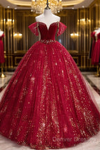 Wine Red Tulle Ball Gown Beaded Sweetheart Party Dress, Wine Red Prom Dress