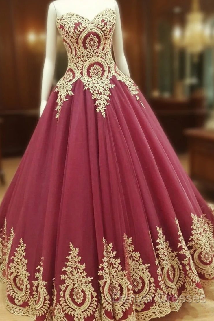 Wine Red Tulle Ball Gowns Wedding Dress Gold Lace Appliques Main image