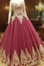 Wine Red Tulle Ball Gowns Wedding Dress Gold Lace Appliques
