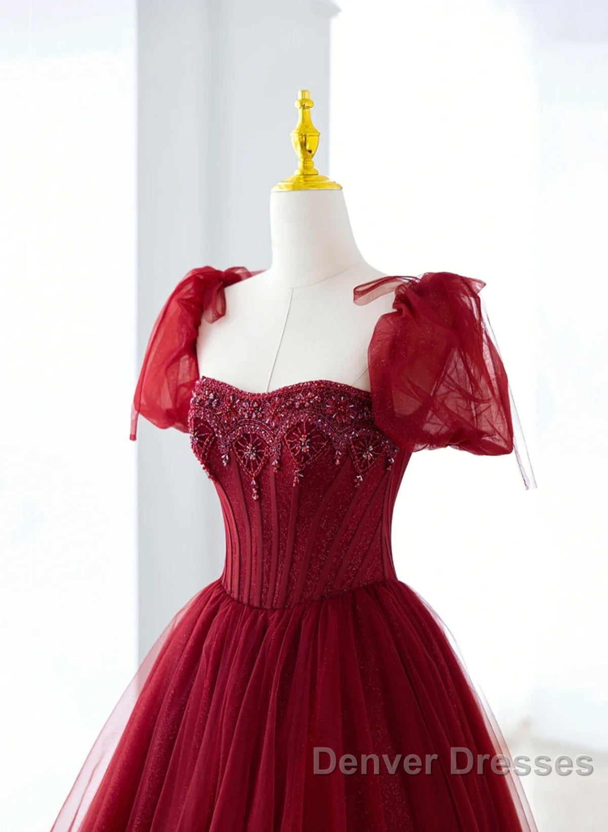 Wine Red Tulle Beaded Long Prom Dress, A-Line Sweetheart Formal Evening Dress Secondary image