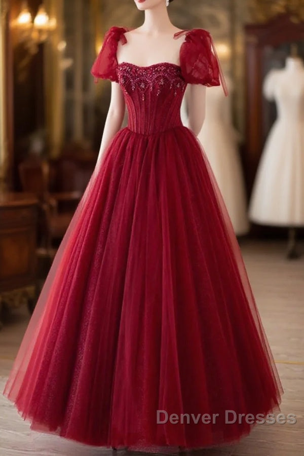 Wine Red Tulle Beaded Long Prom Dress, A-Line Sweetheart Formal Evening Dress Main image