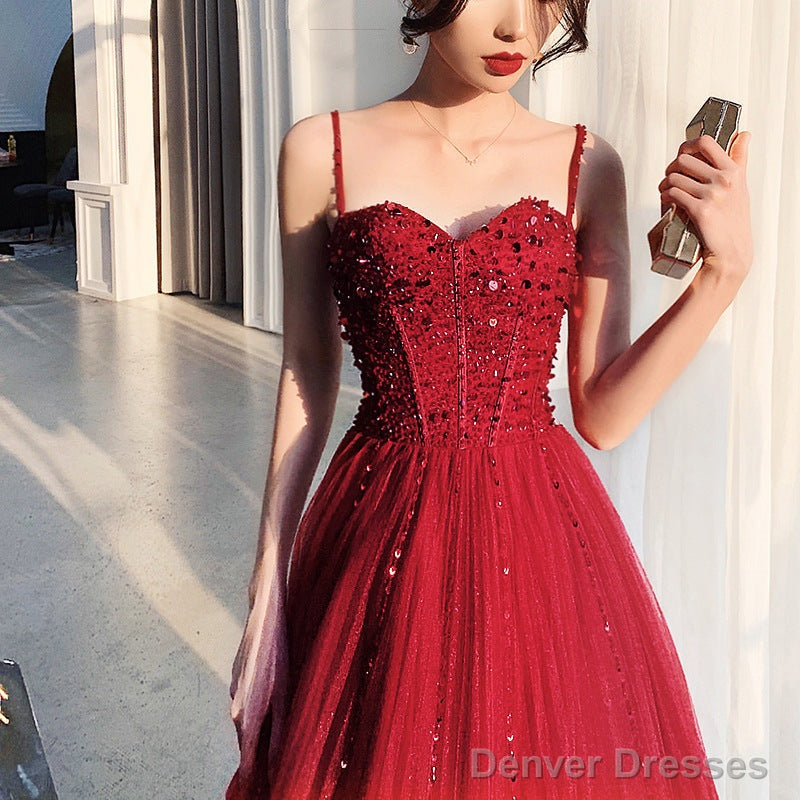 Wine Red Tulle Beaded Straps Beaded Formal Dress, Dark Red Evening Dress Party Dresses Secondary image