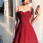 Wine Red Tulle Beaded Straps Beaded Formal Dress, Dark Red Evening Dress Party Dresses