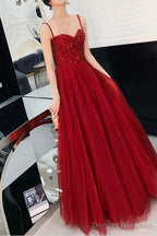Wine Red Tulle Beaded Straps Beaded Formal Dress Evening Dress Party Dress A Line Prom Dress