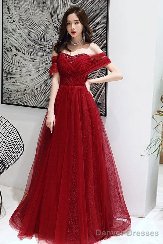 Wine Red Tulle Beaded Sweeetheart Long Evening Gown, Dark Red Prom Dress Secondary image