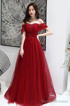 Wine Red Tulle Beaded Sweeetheart Long Evening Gown, Dark Red Prom Dress