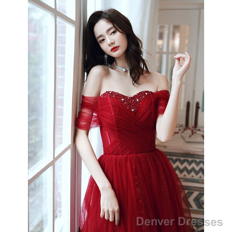 Wine Red Tulle Beaded Sweeetheart Long Evening Gown, Dark Red Prom Dress