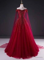 Wine Red Tulle Beaded Tulle Sparkle Long Prom Dress, Dark Red Sweet 16 Gown