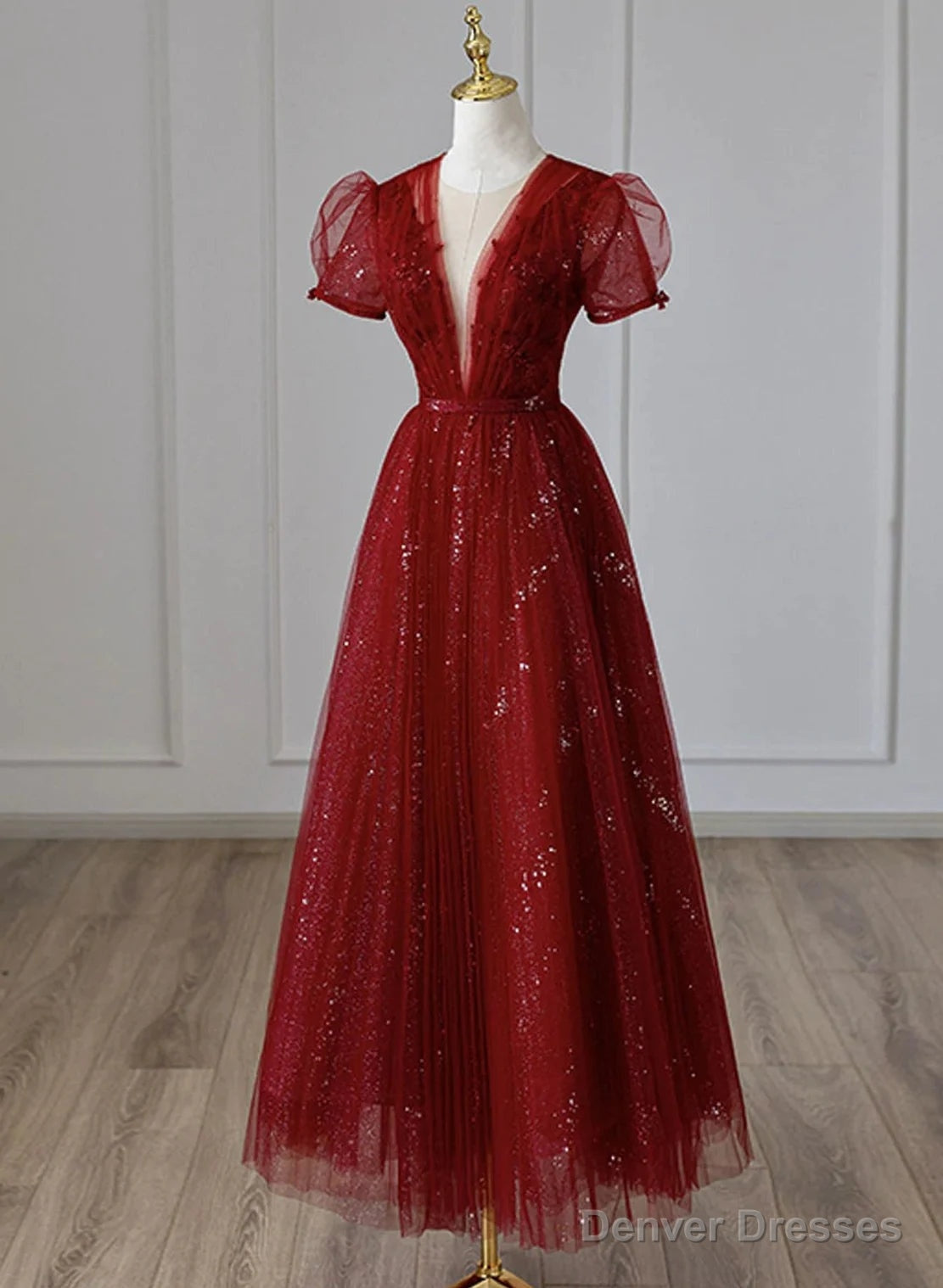 Wine Red Tulle Cap Sleeves Bridesmaid Dress, Wine Red Long Prom Dress