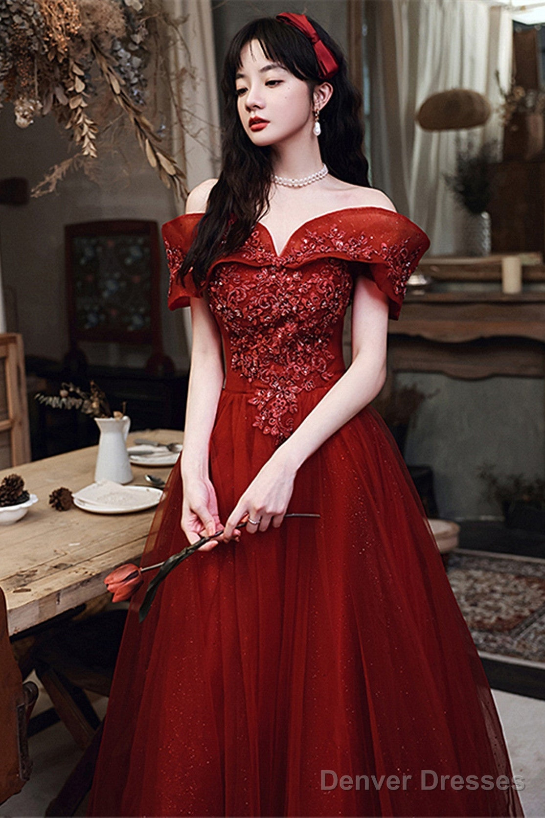 Wine Red Tulle Off Shoulder Floor Length Party Dress, Wine Red Long Prom Dress Secondary image