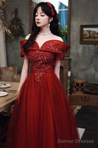 Wine Red Tulle Off Shoulder Floor Length Party Dress, Wine Red Long Prom Dress
