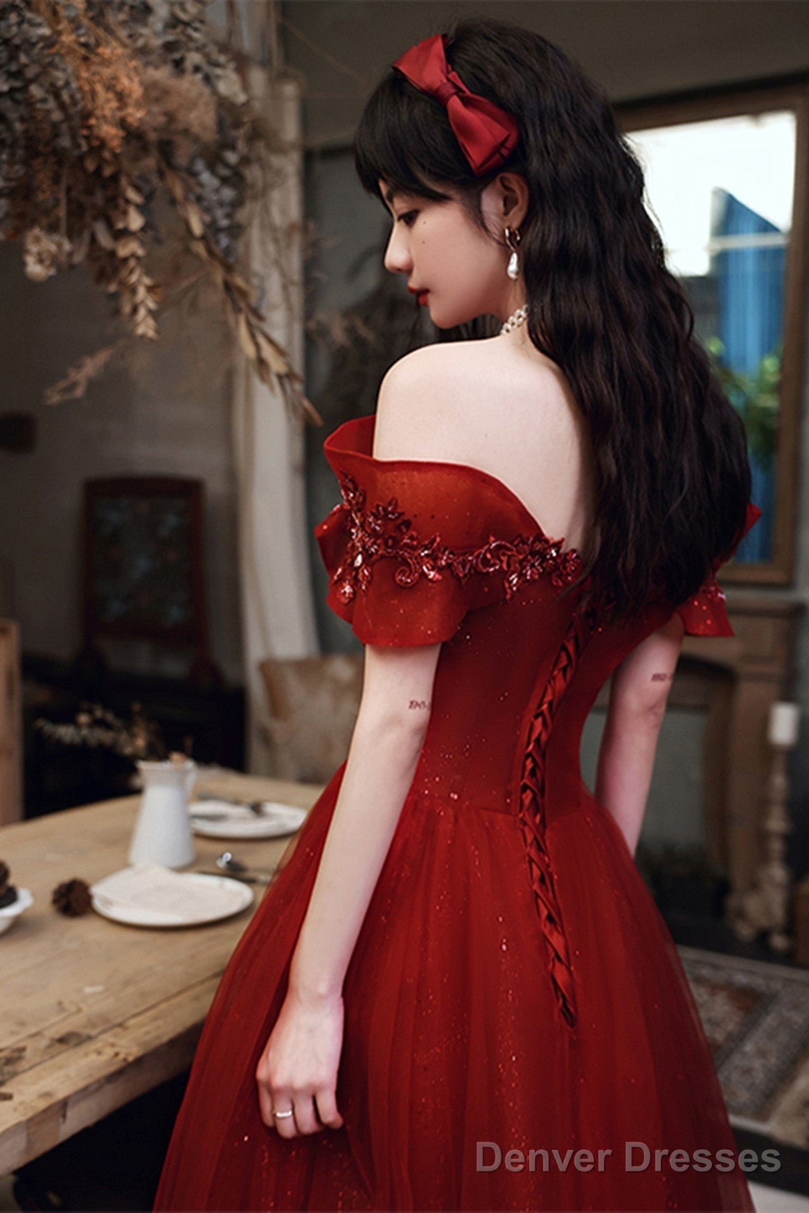 Wine Red Tulle Off Shoulder Floor Length Party Dress, Wine Red Long Prom Dress