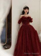 Wine Red Tulle Off Shoulder Long Party Dress, Wine Red Tulle Prom Dress