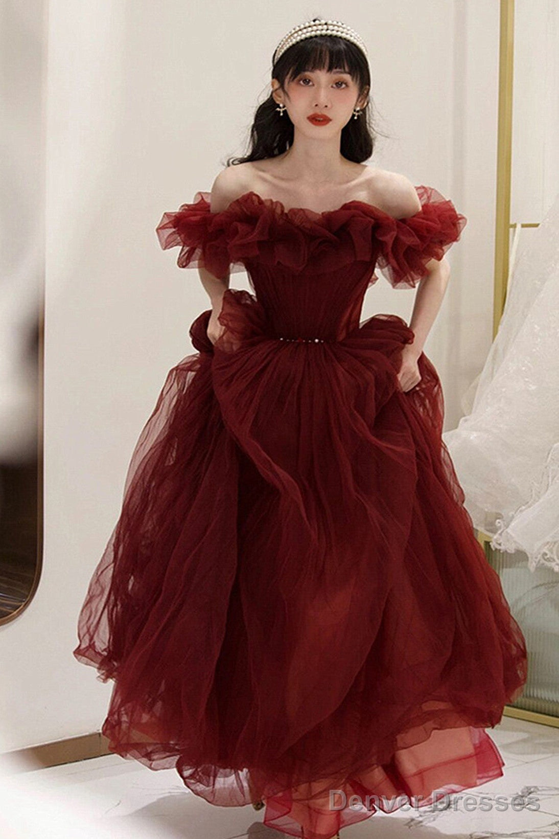 Wine Red Tulle Off Shoulder Long Party Dress, Wine Red Tulle Prom Dress Main image