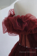 Wine Red Tulle Sequins Long Off Shoulder Party Dress, Wine Red Tulle Prom Dress