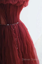 Wine Red Tulle Sequins Long Off Shoulder Party Dress, Wine Red Tulle Prom Dress