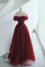 Wine Red Tulle Sequins Long Off Shoulder Party Dress, Wine Red Tulle Prom Dress