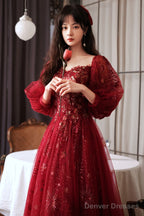 Wine Red Tulle Shiny Tulle Puffy Sleeves Prom Dress, Wine Red Long Party Dress