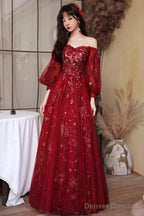Wine Red Tulle Shiny Tulle Puffy Sleeves Prom Dress, Wine Red Long Party Dress