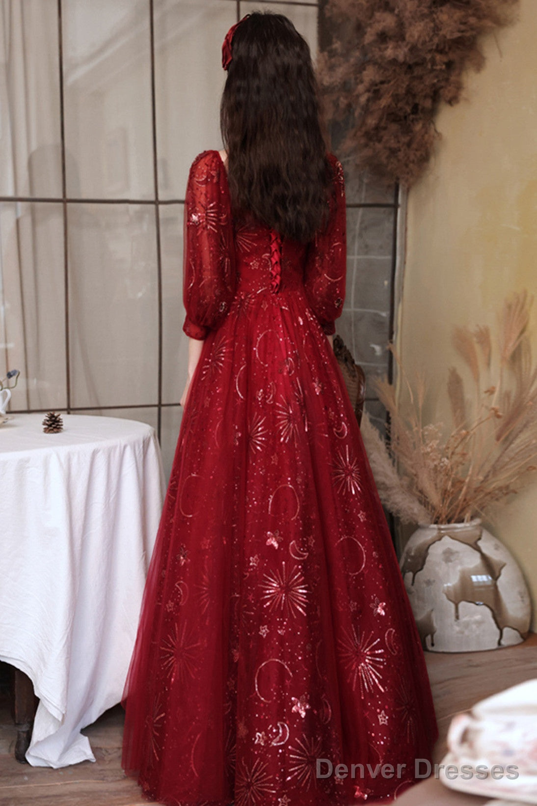 Wine Red Tulle Shiny Tulle Puffy Sleeves Prom Dress, Wine Red Long Party Dress