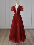 Wine Red Tulle Short Sleeves Long Party Dress Wine Red Evening Gown prom dresses shops