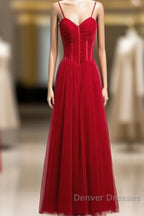Wine Red Tulle Straps Long Sweetheart Party Dress Formal Dress, A-Line Dark Red Evening Dress