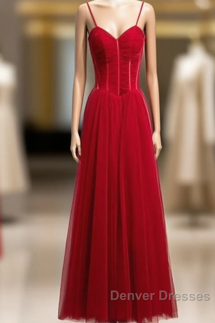 Wine Red Tulle Straps Long Sweetheart Party Dress Formal Dress, A-Line Dark Red Evening Dress