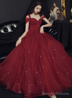 Wine Red Tulle Straps Sweetheart Long Party Dress, Wine Red A-Line Prom Dress