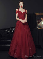 Wine Red Tulle Straps Sweetheart Long Party Dress, Wine Red A-Line Prom Dress