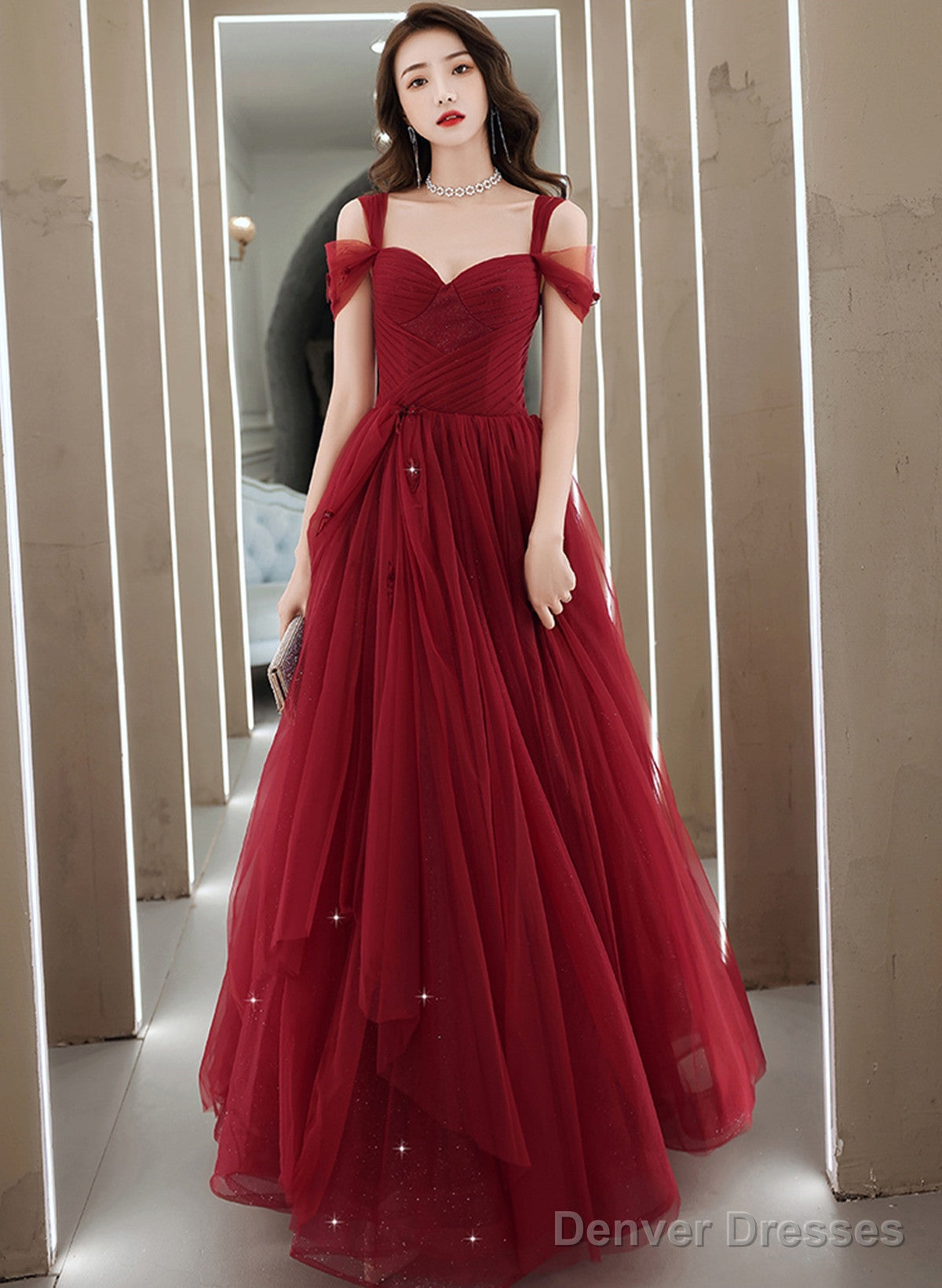 Wine Red Tulle Straps Sweetheart Long Party Dress, Wine Red A-Line Prom Dress