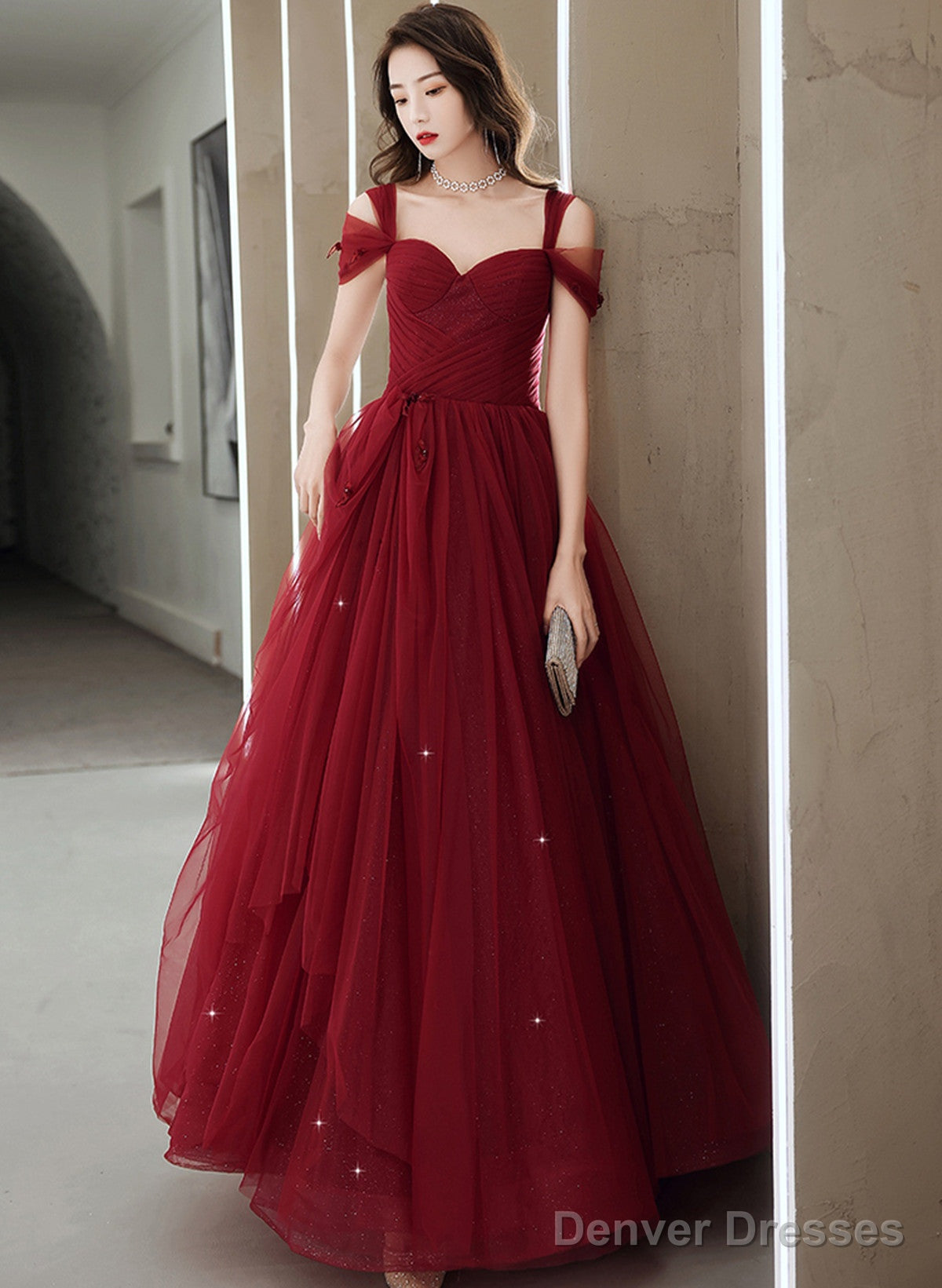 Wine Red Tulle Straps Sweetheart Long Party Dress, Wine Red A-Line Prom Dress