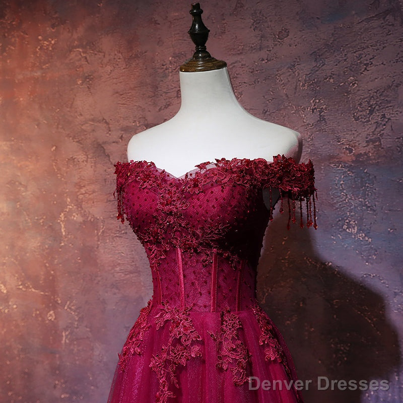 Wine Red Tulle Sweetheart Long Prom Dress, A-line Party Dress